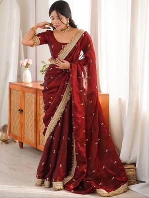 Maroon floral embroidered satin designer saree 3