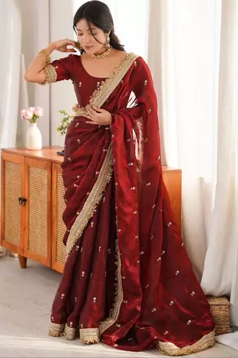 Maroon floral embroidered satin designer saree