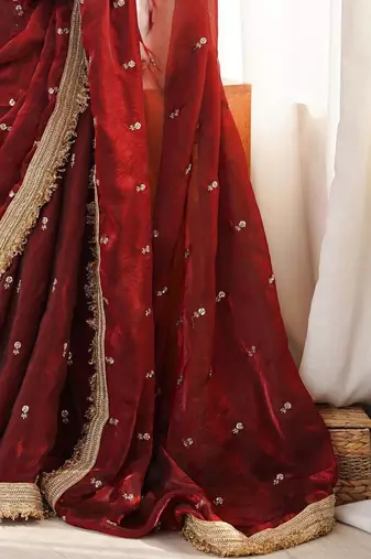 Maroon floral embroidered satin designer saree