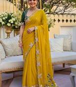 Yellow women ethnic motifs embroidered  georgette saree