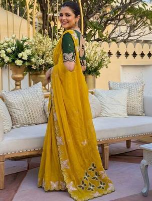 Yellow women ethnic motifs embroidered  georgette saree 2