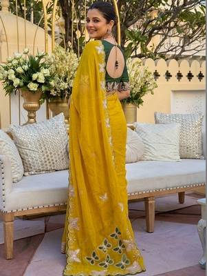 Yellow women ethnic motifs embroidered  georgette saree 3