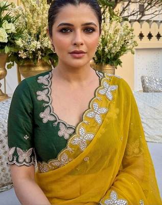 Yellow women ethnic motifs embroidered  georgette saree 5