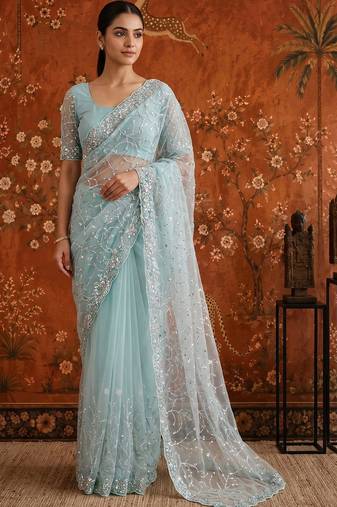 Turquoise women embellished beads and stones net fusion saree