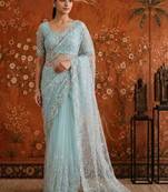 Turquoise women embellished beads and stones net fusion saree