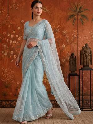 Turquoise women embellished beads and stones net fusion saree 2