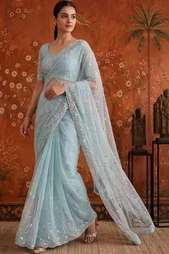 Turquoise women embellished beads and stones net fusion saree