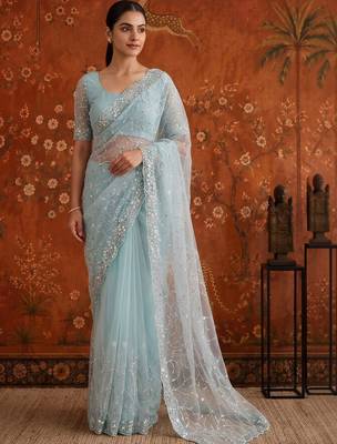 Turquoise women embellished beads and stones net fusion saree 3
