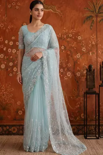Turquoise women embellished beads and stones net fusion saree