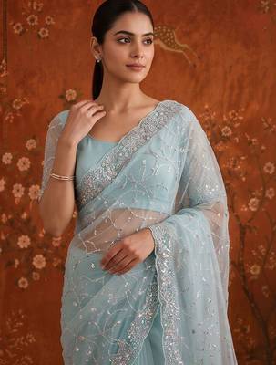 Turquoise women embellished beads and stones net fusion saree 4