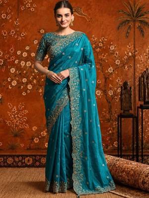 Teal embellished embroidered satin saree 2