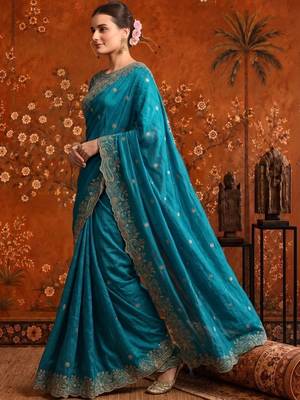 Teal embellished embroidered satin saree 3