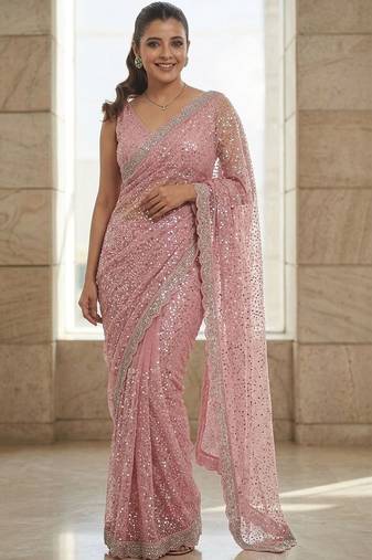 Pink embroidered embellished beads & stones net saree