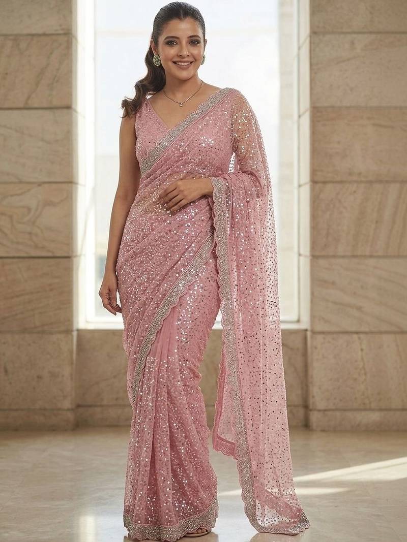 Pink embroidered embellished beads & stones net saree