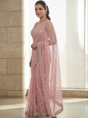 Pink embroidered embellished beads & stones net saree 2