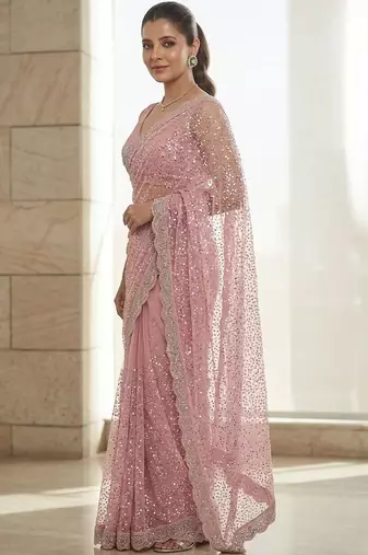 Pink embroidered embellished beads & stones net saree