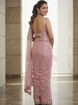 Pink embroidered embellished beads & stones net saree 3