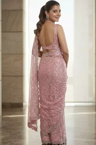 Pink embroidered embellished beads & stones net saree