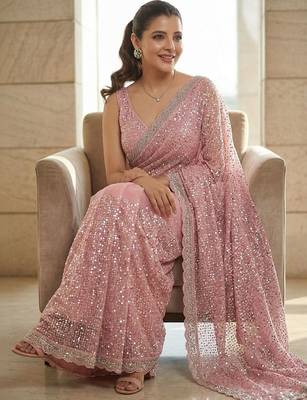 Pink embroidered embellished beads & stones net saree 4