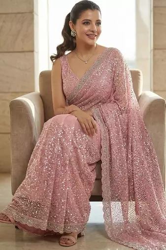 Pink embroidered embellished beads & stones net saree