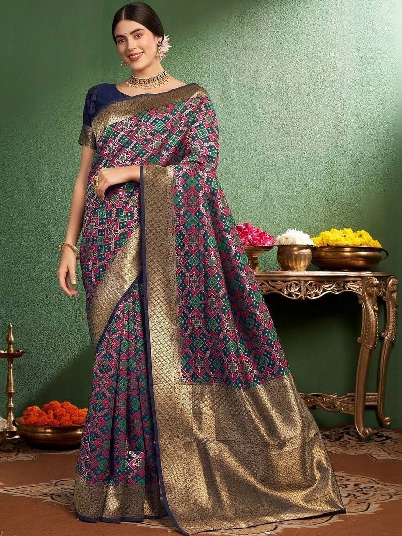 Navy blue woven design zari  silk designer patola saree