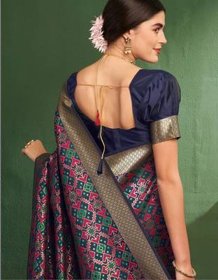 Navy blue woven design zari  silk designer patola saree 3