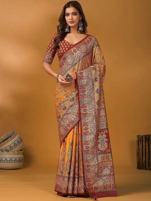 Orange ethnic motifs printed designer banarasi saree with matching blouse 1