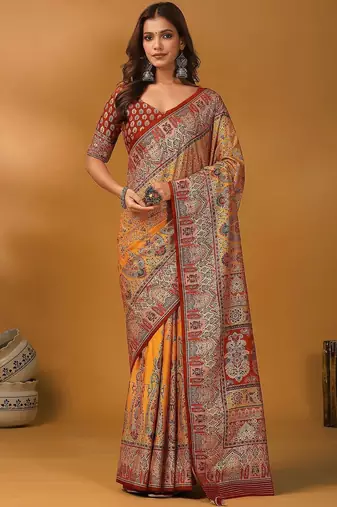 Orange ethnic motifs printed designer banarasi saree with matching blouse