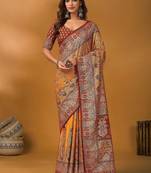 Orange ethnic motifs printed designer banarasi saree with matching blouse