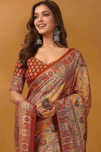 Orange ethnic motifs printed designer banarasi saree with matching blouse