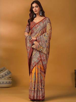 Orange ethnic motifs printed designer banarasi saree with matching blouse 3