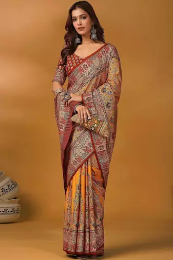 Orange ethnic motifs printed designer banarasi saree with matching blouse