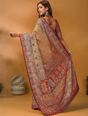 Orange ethnic motifs printed designer banarasi saree with matching blouse 4