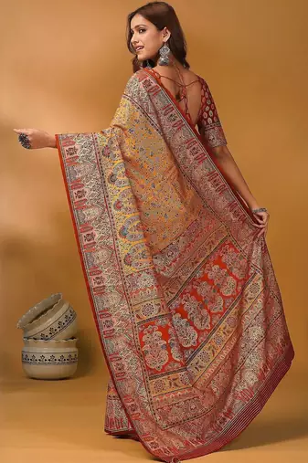 Orange ethnic motifs printed designer banarasi saree with matching blouse