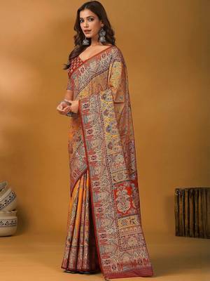 Orange ethnic motifs printed designer banarasi saree with matching blouse 5