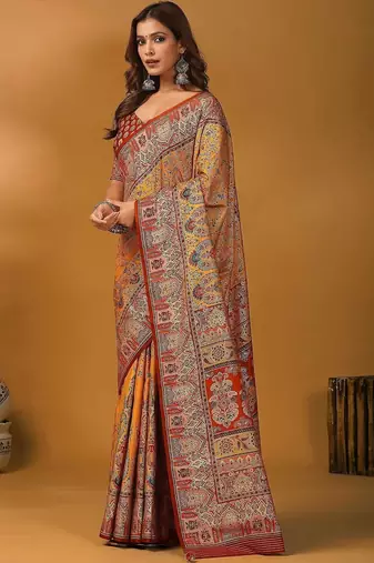 Orange ethnic motifs printed designer banarasi saree with matching blouse