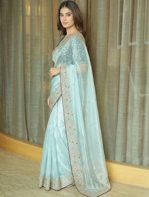 Turquoise embellished embroidered tissue saree 2