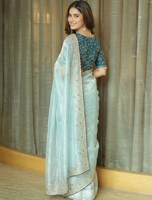 Turquoise embellished embroidered tissue saree 3