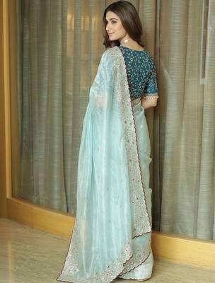 Turquoise embellished embroidered tissue saree 5