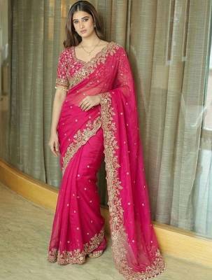 Pink ethnic motifs embroidered satin heavy work saree 1