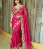 Pink ethnic motifs embroidered satin heavy work saree