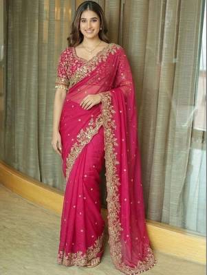 Pink ethnic motifs embroidered satin heavy work saree 2