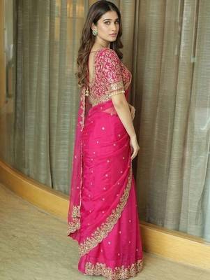 Pink ethnic motifs embroidered satin heavy work saree 3