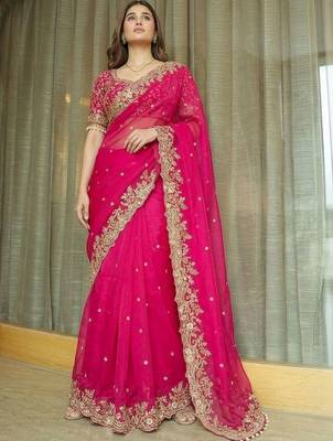 Pink ethnic motifs embroidered satin heavy work saree 4