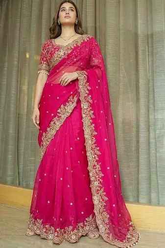 Pink ethnic motifs embroidered satin heavy work saree