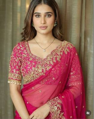 Pink ethnic motifs embroidered satin heavy work saree 5