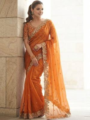Rust embroidered sarees with unstitched blouse piece 1