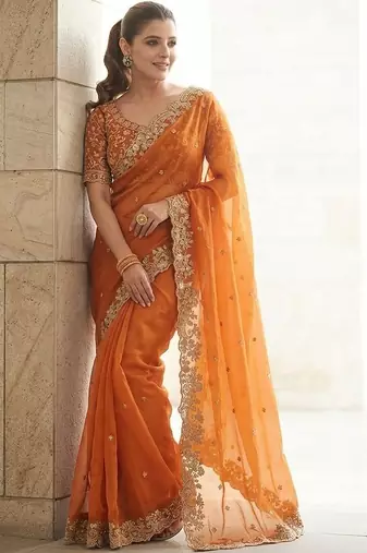 Rust embroidered sarees with unstitched blouse piece