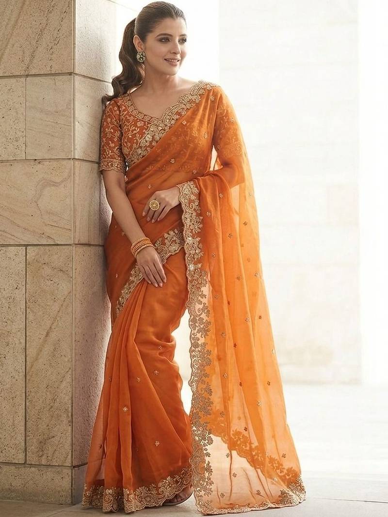 Rust embroidered sarees with unstitched blouse piece