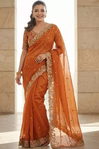 Rust embroidered sarees with unstitched blouse piece